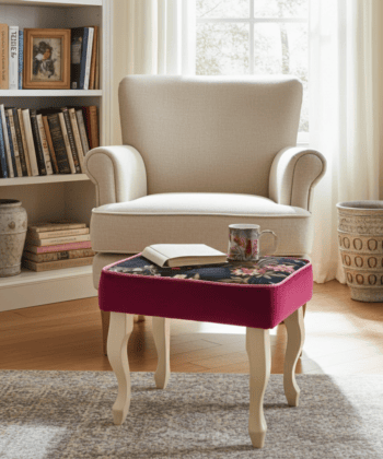 Velvet Footstool 60x40cm – Red Velvet, Floral Top & Beech Legs