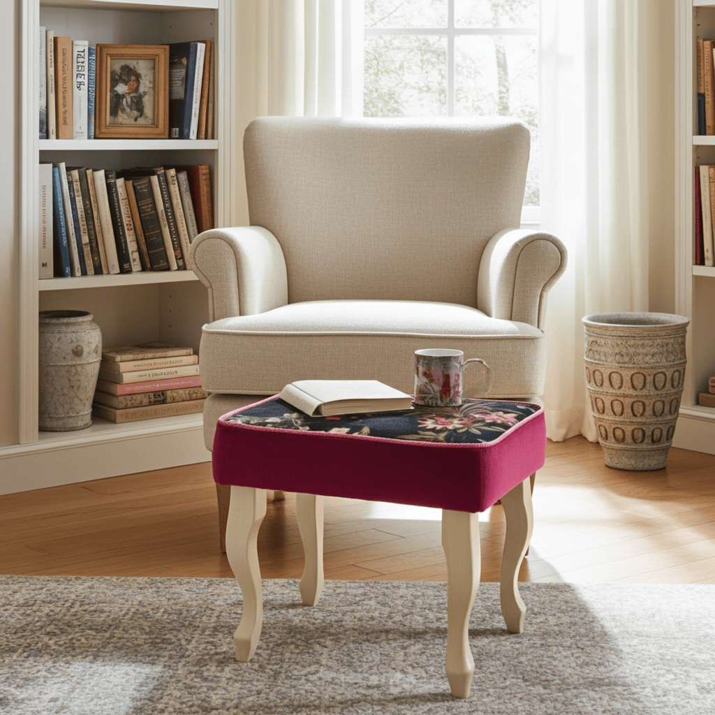 Velvet Footstool 60x40cm – Red Velvet, Floral Top & Beech Legs