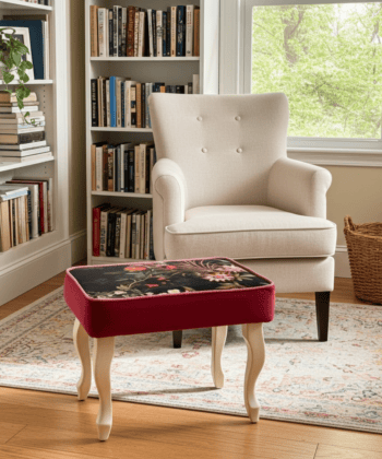 Velvet Footstool 60x40cm – Red Velvet, Floral Top & Beech Legs