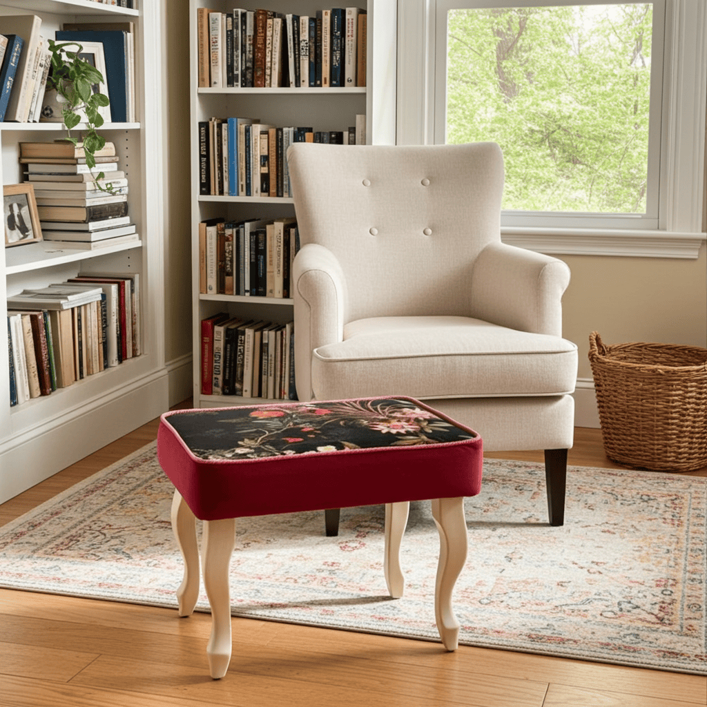 Velvet Footstool 60x40cm – Red Velvet, Floral Top & Beech Legs