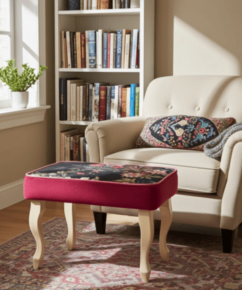 Velvet Footstool 60x40cm – Red Velvet, Floral Top & Beech Legs