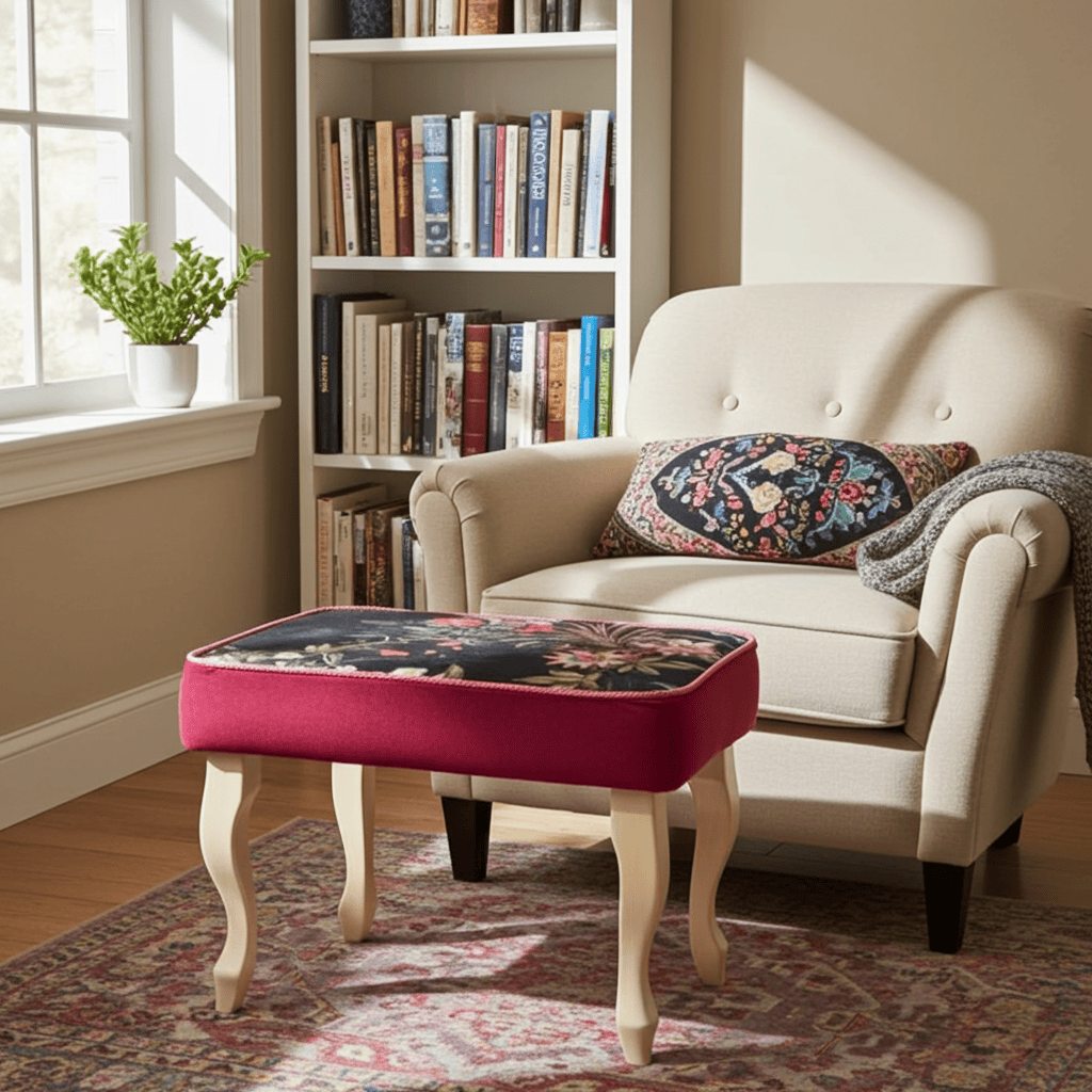 Velvet Footstool 60x40cm – Red Velvet, Floral Top & Beech Legs