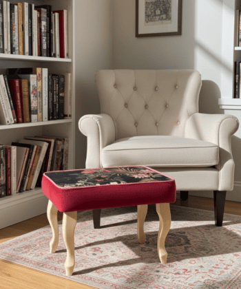Velvet Footstool 60x40cm – Red Velvet, Floral Top & Beech Legs