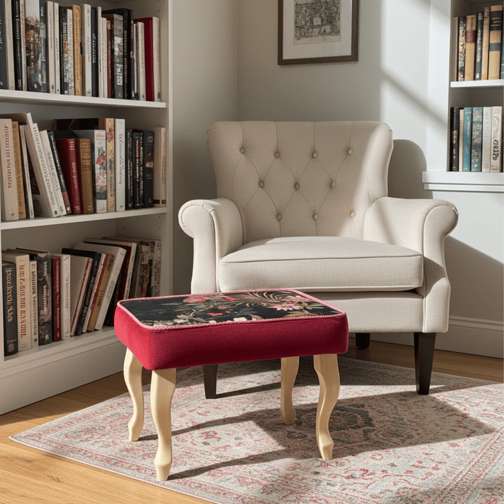 Velvet Footstool 60x40cm – Red Velvet, Floral Top & Beech Legs