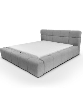 Upholstered Luis Bed in light gray fabric, featuring a modern design with a padded headboard and a spacious sleeping area, ideal for stylish and cozy interiors.