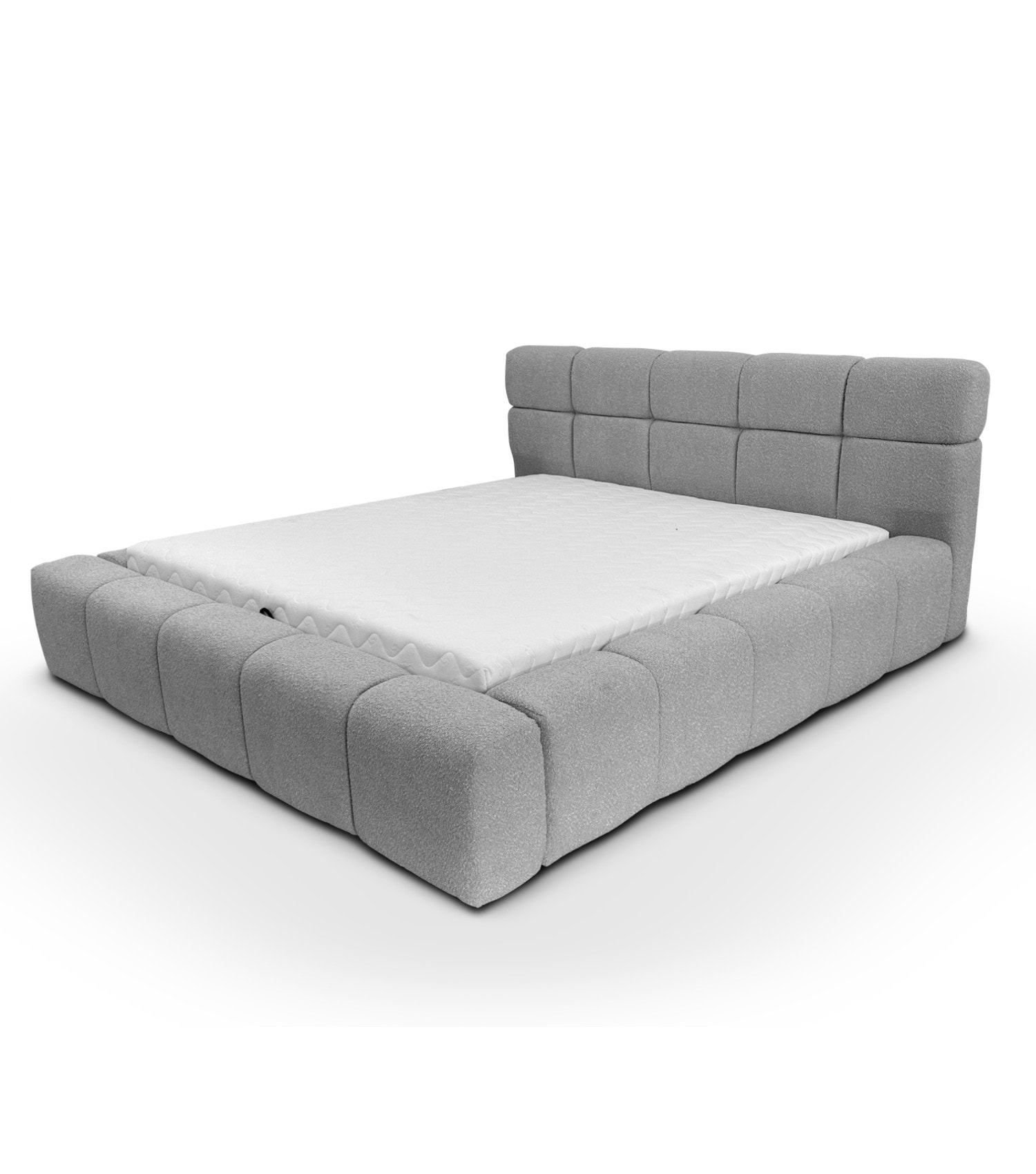 Upholstered Luis Bed in light gray fabric, featuring a modern design with a padded headboard and a spacious sleeping area, ideal for stylish and cozy interiors.