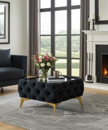 Chester Lux Black Coffee Table 63x63x35cm Square Velvet with Glass