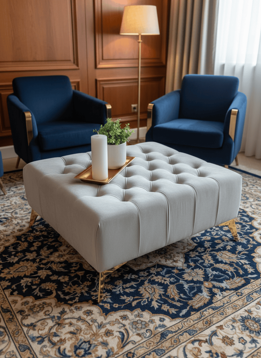 Elegant Stylish Chesterfield Lux Coffee Table – Velvet, Rectangle,Tufted, Gold Legs