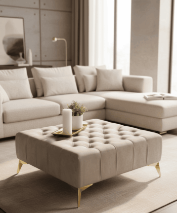 Elegant Stylish Chesterfield Lux Coffee Table – Velvet, Rectangle,Tufted, Gold Legs