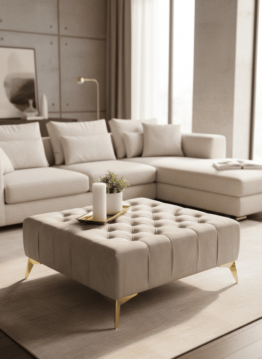 Elegant Stylish Chesterfield Lux Coffee Table – Velvet, Rectangle,Tufted, Gold Legs