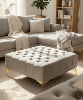 Elegant Stylish Chesterfield Lux Coffee Table – Velvet, Rectangle,Tufted, Gold Legs