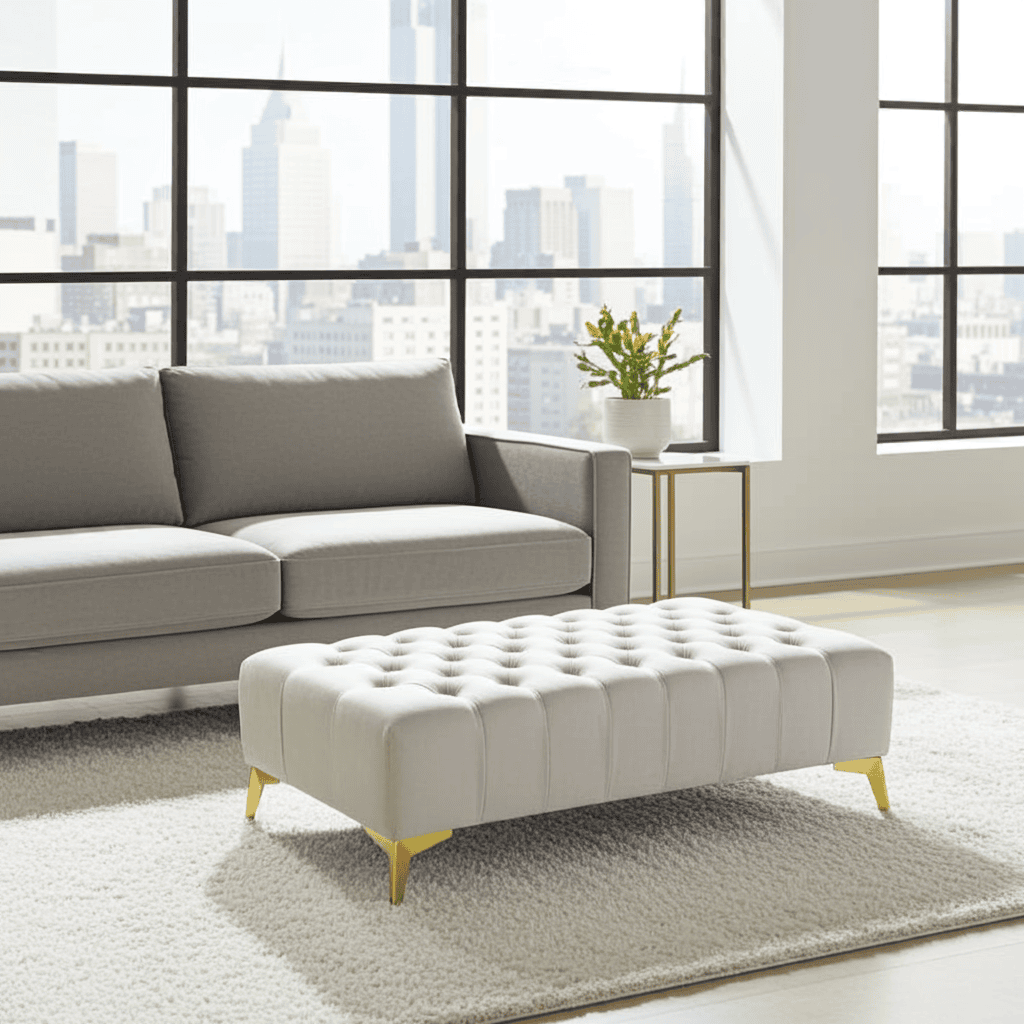 Elegant Stylish Chesterfield Lux Coffee Table – Velvet, Rectangle,Tufted, Gold Legs
