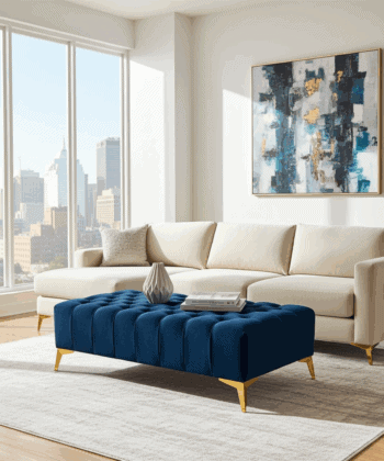 Elegant Stylish Chesterfield Lux Coffee Table – Velvet, Rectangle,Tufted, Gold Legs