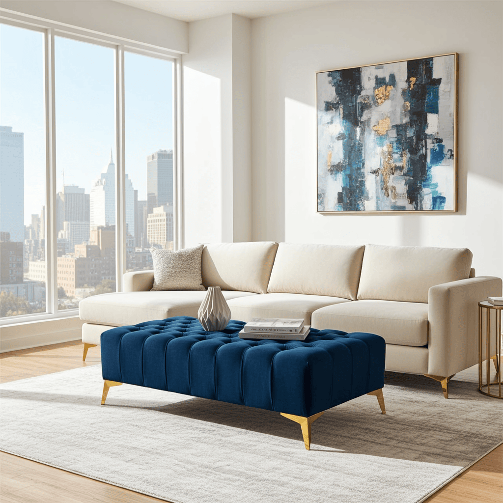 Elegant Stylish Chesterfield Lux Coffee Table – Velvet, Rectangle,Tufted, Gold Legs