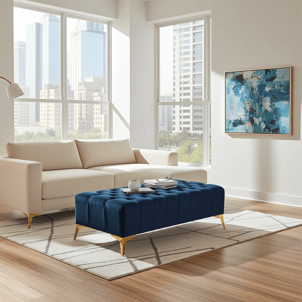 Elegant Stylish Chesterfield Lux Coffee Table – Velvet, Rectangle,Tufted, Gold Legs