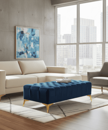 Elegant Stylish Chesterfield Lux Coffee Table – Velvet, Rectangle,Tufted, Gold Legs