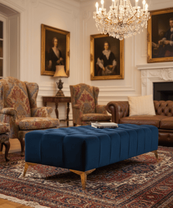 Elegant Stylish Chesterfield Lux Coffee Table – Velvet, Rectangle,Tufted, Gold Legs