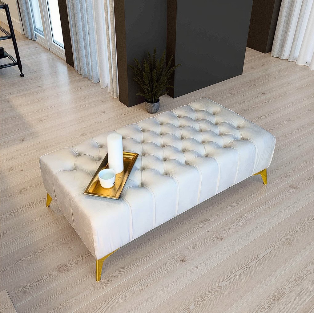 Elegant Stylish Chesterfield Lux Coffee Table – Velvet, Rectangle,Tufted, Gold Legs
