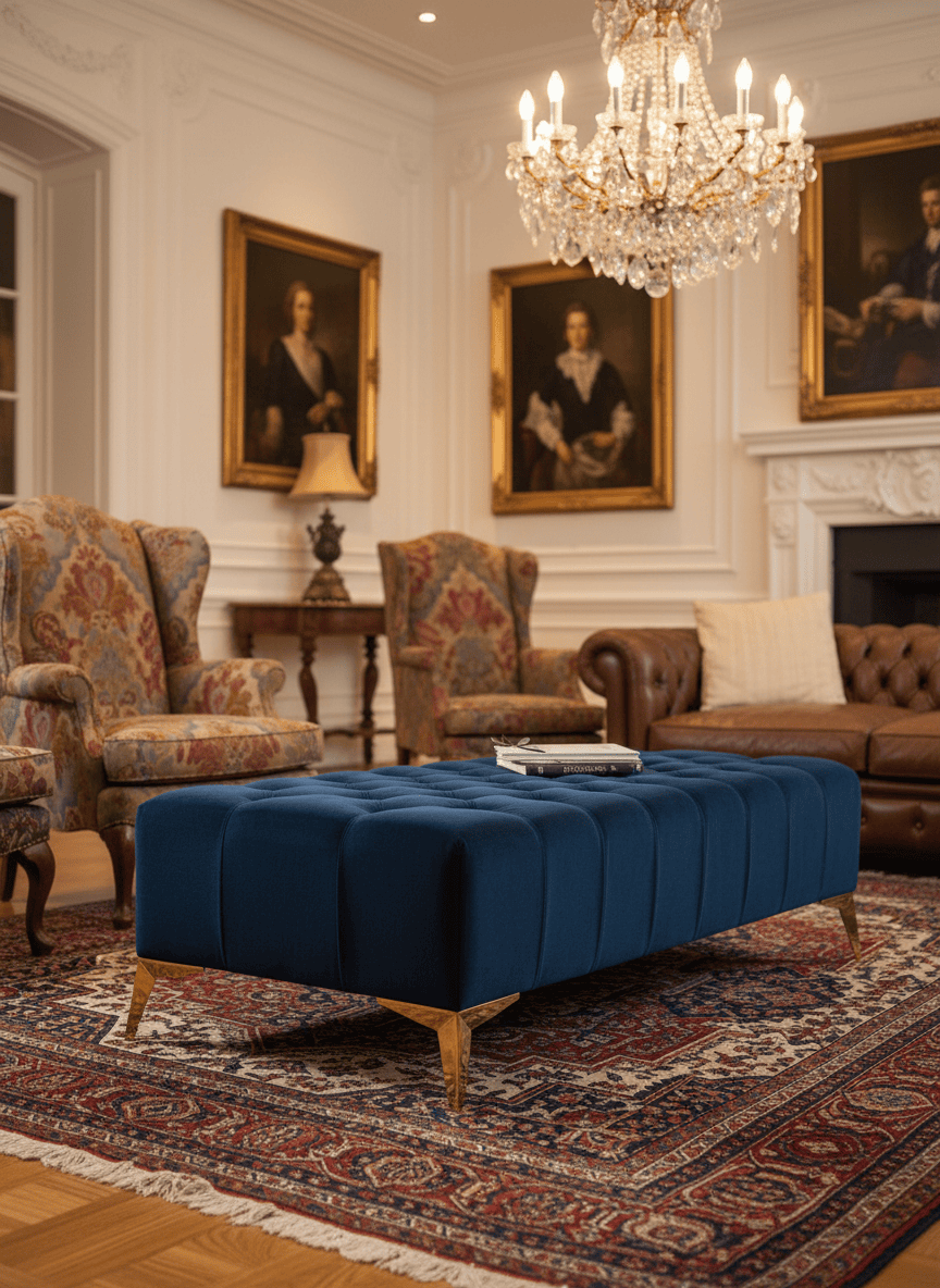 Elegant Stylish Chesterfield Lux Coffee Table – Velvet, Rectangle,Tufted, Gold Legs