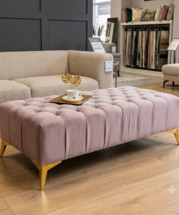 Elegant Stylish Chesterfield Lux Coffee Table – Velvet, Rectangle,Tufted, Gold Legs