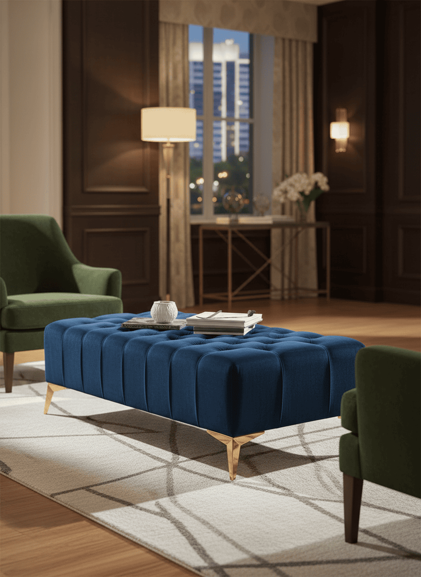 Elegant Stylish Chesterfield Lux Coffee Table – Velvet, Rectangle,Tufted, Gold Legs