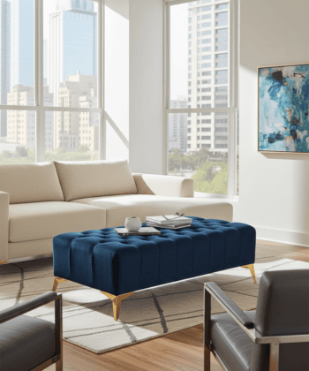 Elegant Stylish Chesterfield Lux Coffee Table – Velvet, Rectangle,Tufted, Gold Legs