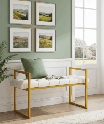 Luxe Gold Bench – Gold Metal Frame & White Eco-Leather Seat