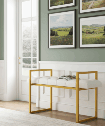 Luxe Gold Bench – Gold Metal Frame & White Eco-Leather Seat