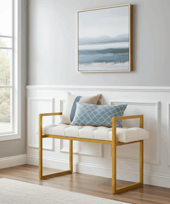 Luxe Gold Bench – Gold Metal Frame & White Eco-Leather Seat