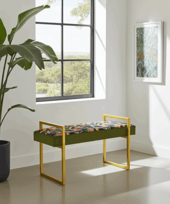 Tropical Velvet Bench – Gold Metal Frame & Floral Velvet Upholstery