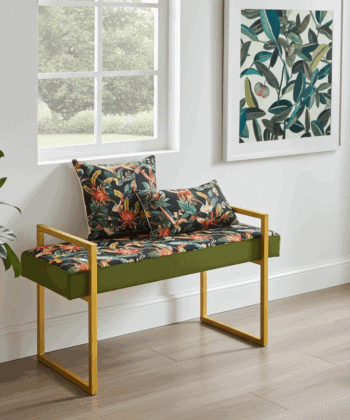 Tropical Velvet Bench – Gold Metal Frame & Floral Velvet Upholstery