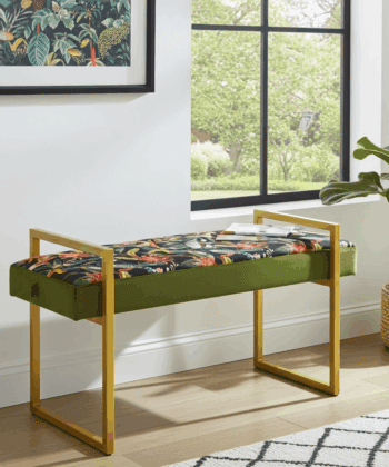 Tropical Velvet Bench – Gold Metal Frame & Floral Velvet Upholstery