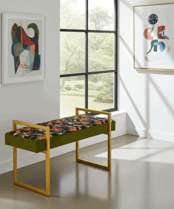 Tropical Velvet Bench – Gold Metal Frame & Floral Velvet Upholstery