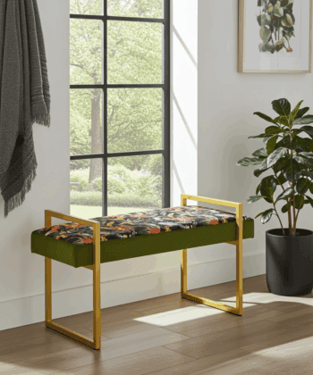 Tropical Velvet Bench – Gold Metal Frame & Floral Velvet Upholstery