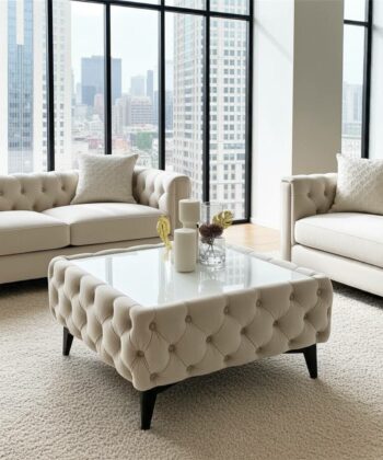 Chester Lux Beige Coffee Table 63x63x35cm Square Velvet with Glass