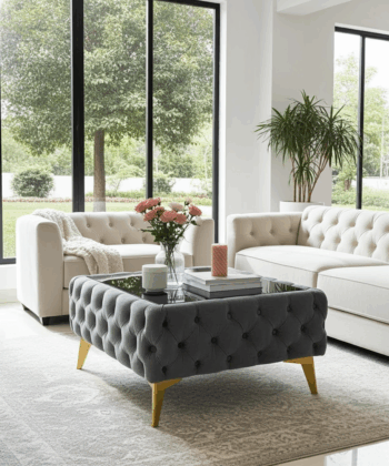 Chester Lux Dark Grey Coffee Table 63x63x35cm Square Velvet with Glass