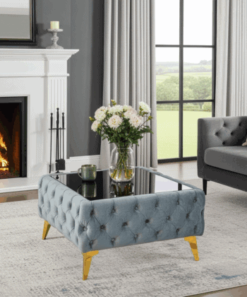 Chester Lux Grey Coffee Table 63x63x35cm Square Velvet with Glass