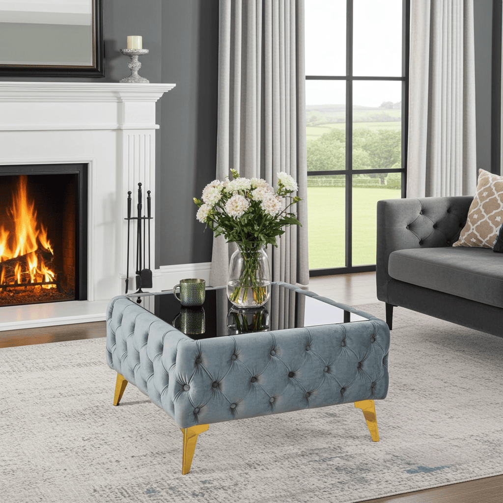 Chester Lux Grey Coffee Table 63x63x35cm Square Velvet with Glass