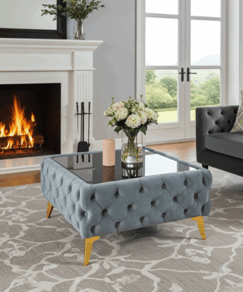 Chester Lux Grey Coffee Table 63x63x35cm Square Velvet with Glass