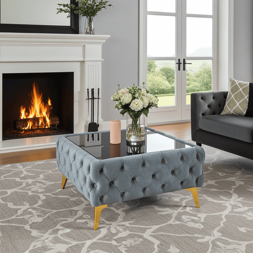 Chester Lux Grey Coffee Table 63x63x35cm Square Velvet with Glass