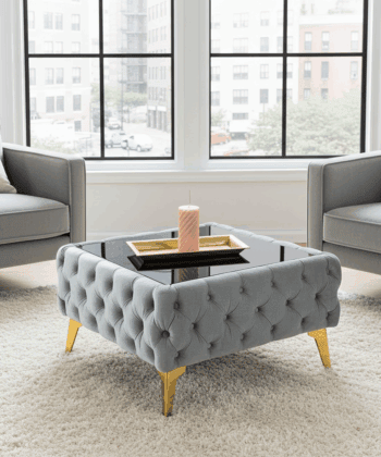 Chester Lux Grey Coffee Table 63x63x35cm Square Velvet with Glass