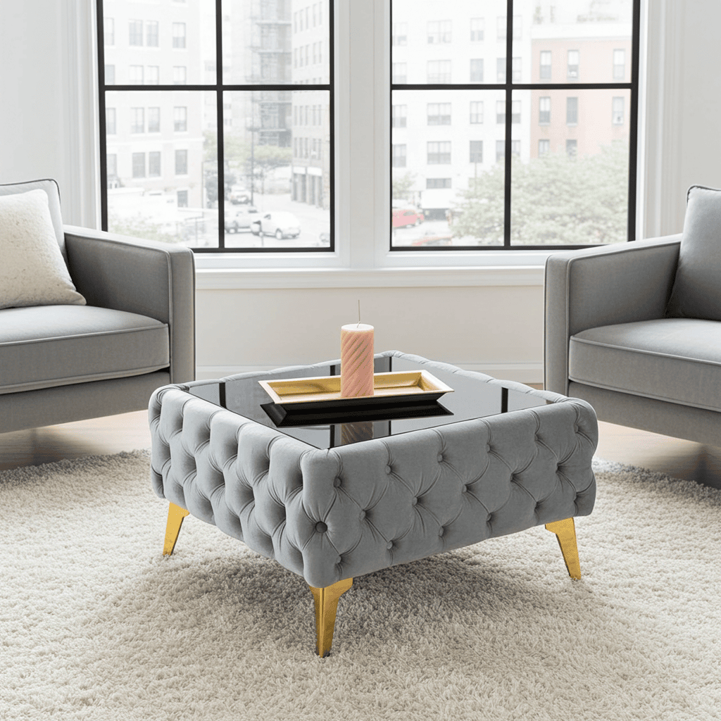 Chester Lux Grey Coffee Table 63x63x35cm Square Velvet with Glass