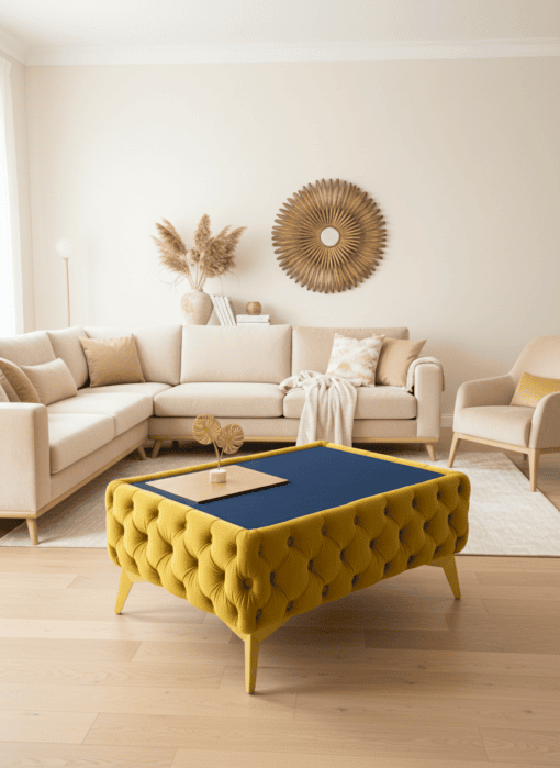 Classic Chesterfield coffee table with yellow velvet upholstery and a blue glass top, tufted design, placed in a modern living room setting with a beige sofa and decorative elements.