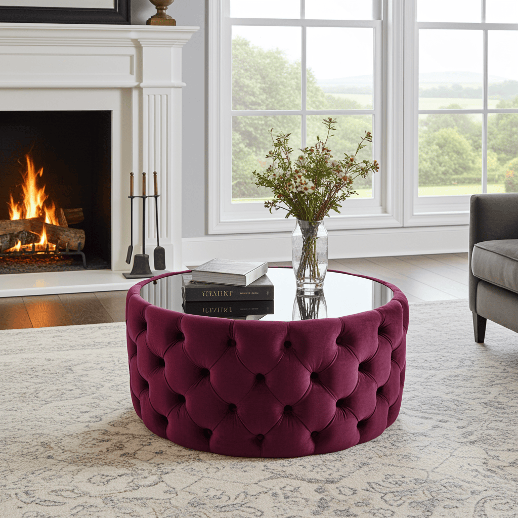 Velvet Button Tufted Round Coffee Table Chesterfield Style 60cm