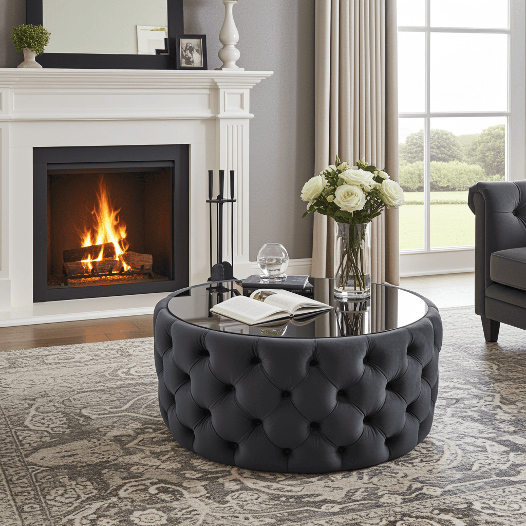 Velvet Button Tufted Round Coffee Table Chesterfield Style 60cm
