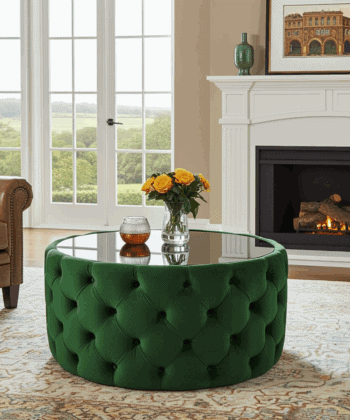 Velvet Button Tufted Round Coffee Table Chesterfield Style 60cm
