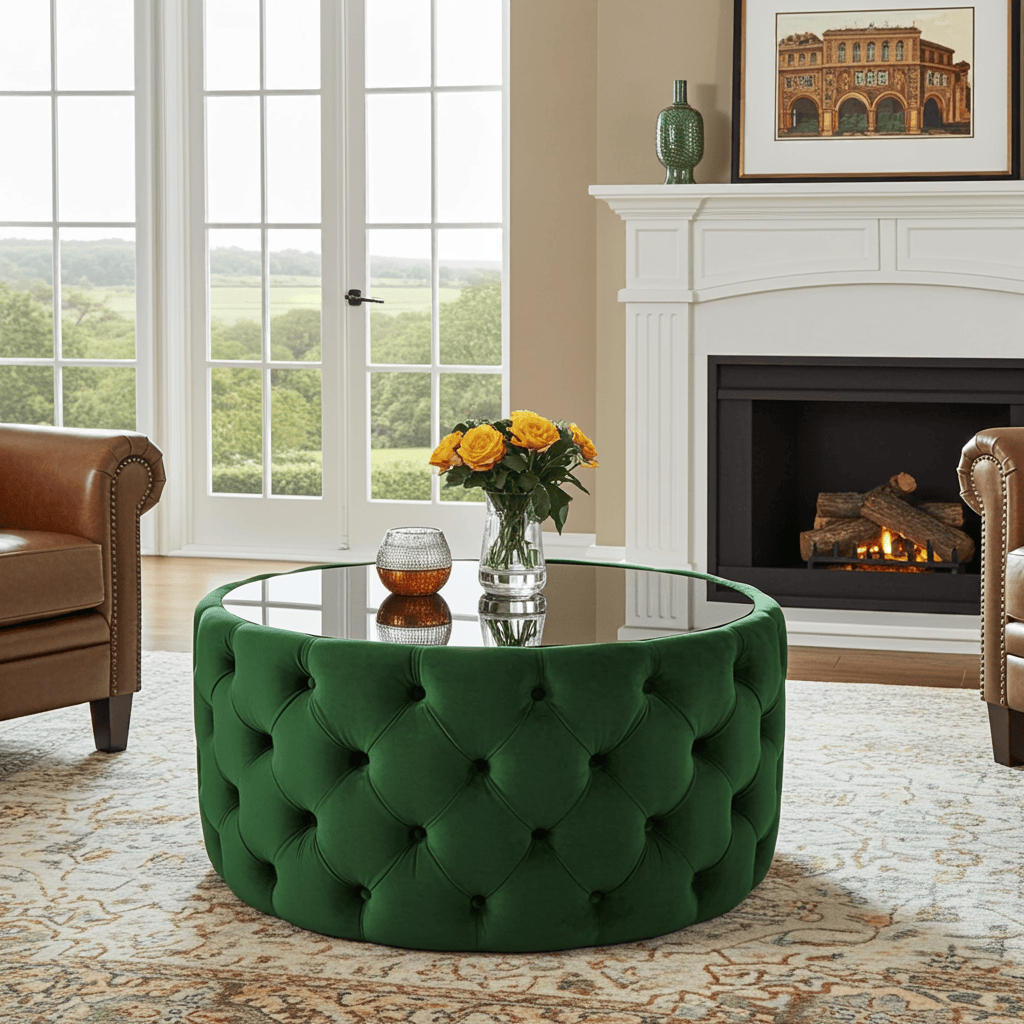 Velvet Button Tufted Round Coffee Table Chesterfield Style 60cm