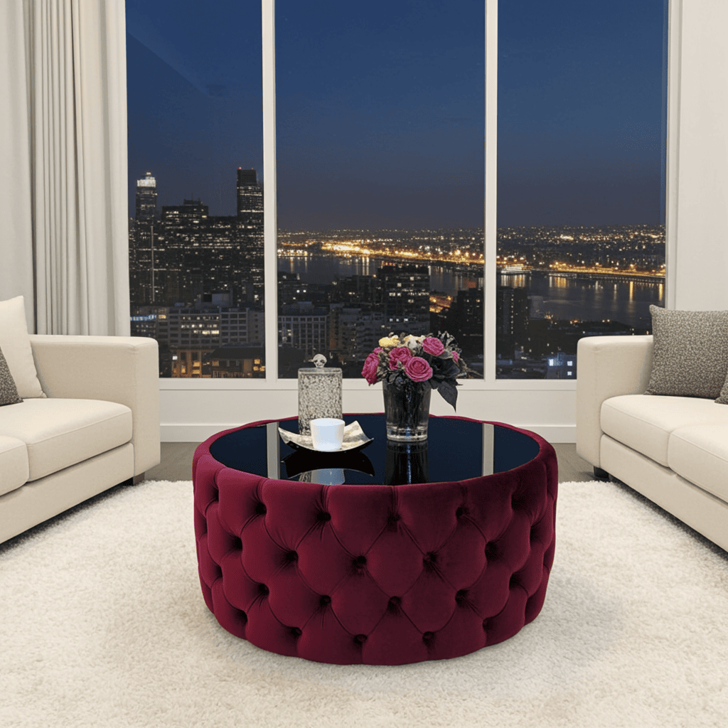 Velvet Button Tufted Round Coffee Table Chesterfield Style 60cm