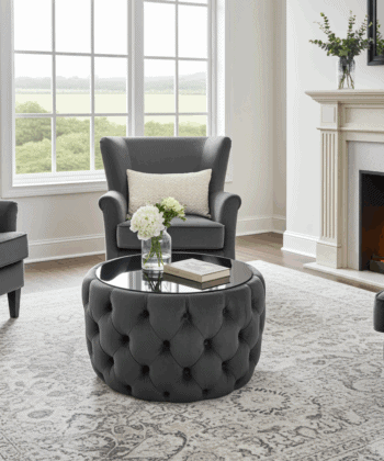 Velvet Button Tufted Round Coffee Table Chesterfield Style 60cm