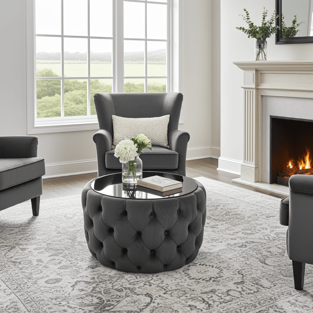 Velvet Button Tufted Round Coffee Table Chesterfield Style 60cm